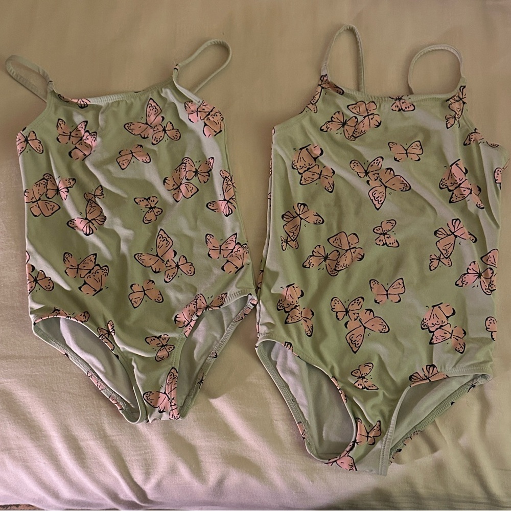 H&M Kids Swim One Piece - Green with Pink Butterflies (Twinning Set)